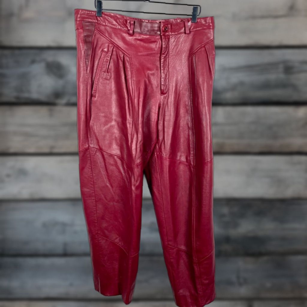 Vintage VINTAGE Saxony Leather Pants Men’s 36 x 29 Red Pleated Zip Up Biker 90s Size US 36 / EU 52 - 1 Thumbnail