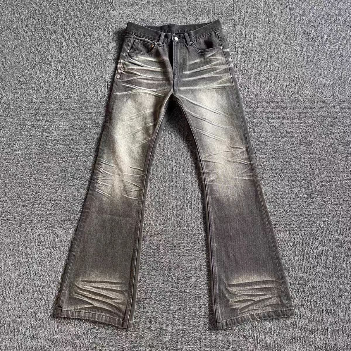 Heavy wash vintage black and gray frayed micro flare jeans