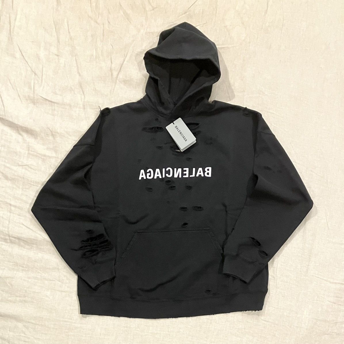 Balenciaga $1590 Balenciaga Destroyed Logo Oversized Hoodie