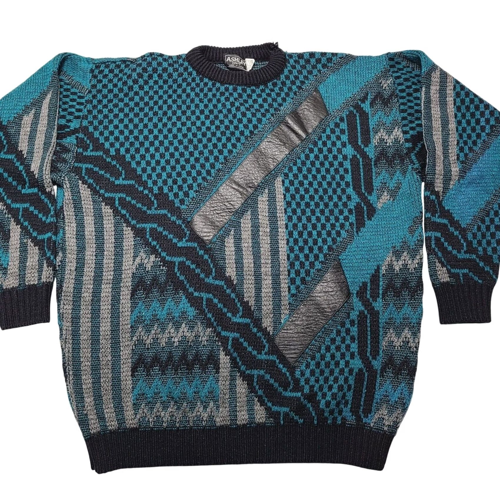 Vintage VINTAGE Ashley Knit Sweater Mens Large Leather Trim Geometric Made USA 90's Size US L / EU 52-54 / 3 - 2 Thumbnail