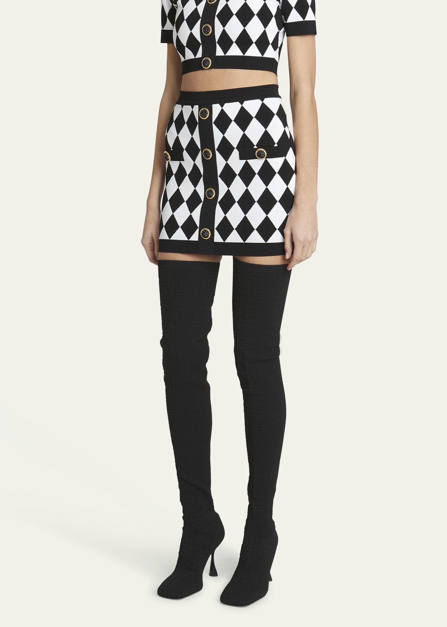 Balmain o1s1wg110725 Diamond Knit Mini Skirt in Black/White Size 28" / US 6 / IT 42 - 5 Thumbnail