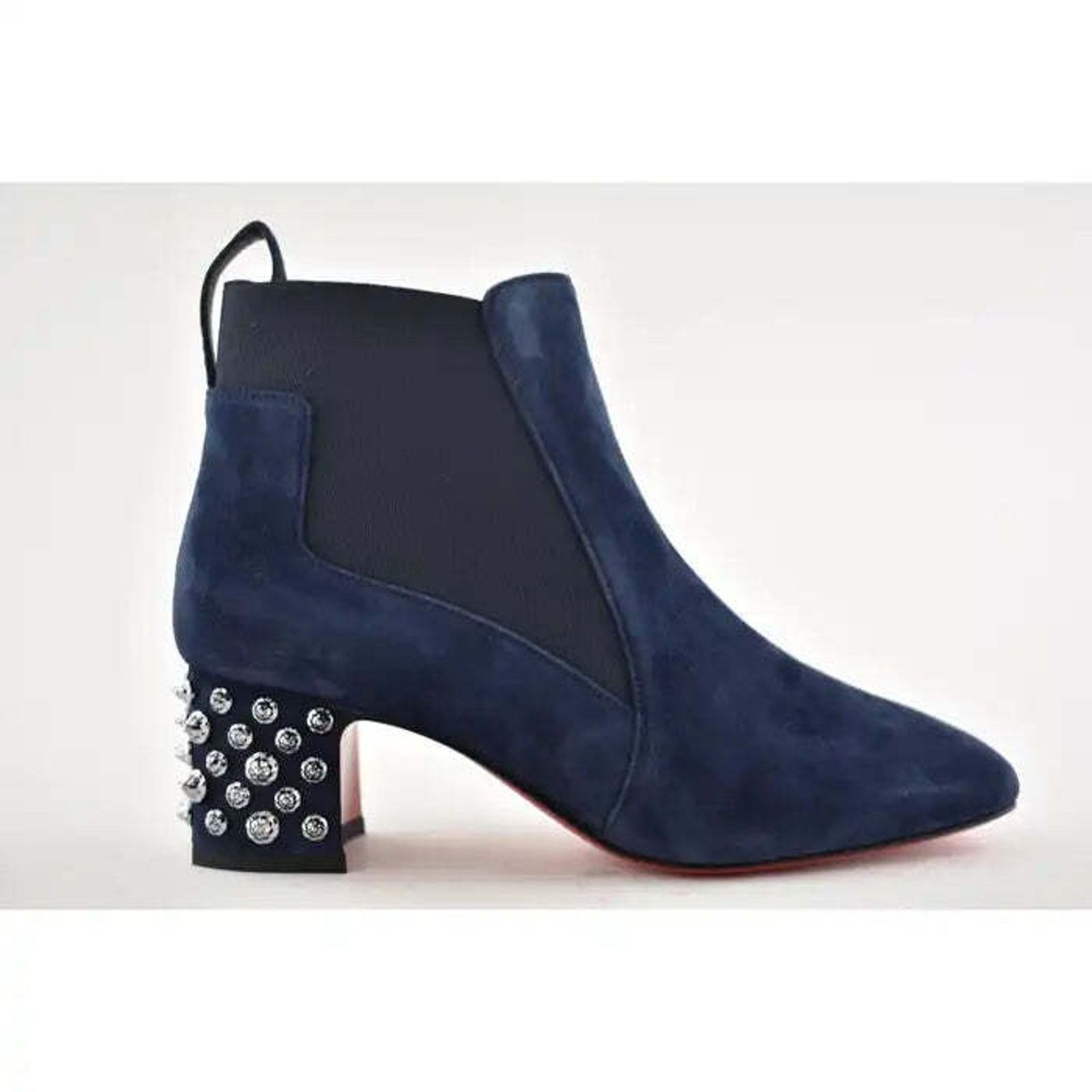 Christian Louboutin Study 55 Blue Suede Silver Spike Block Heel Ankle Boot 37 Size US 7 / IT 37 - 2 Thumbnail