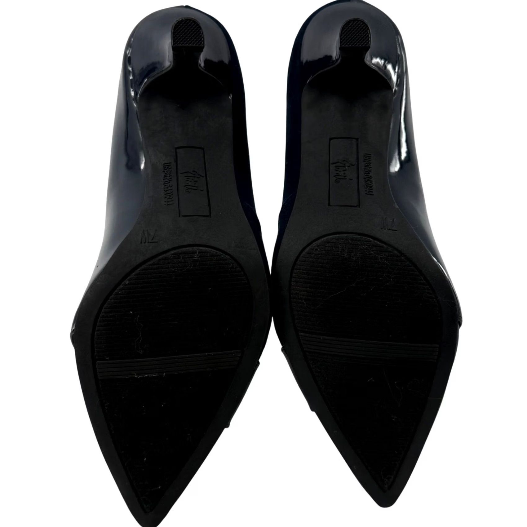 Vintage Fioni Pointed Toe Pump Navy Blue 7W Wide Kitten Heel Patent Suede Mixed Media Office Formal Women Shoes Size US 7 / IT 37 - 5 Thumbnail