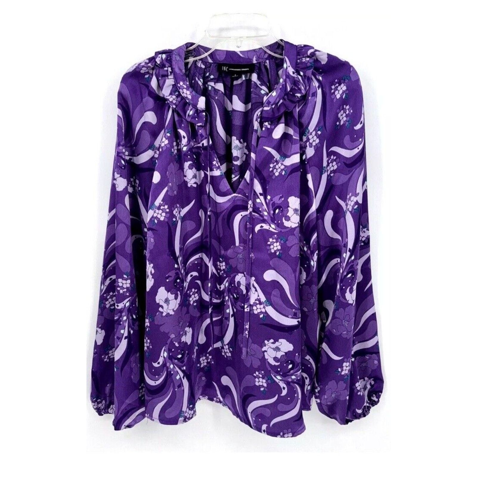 Other INC Women Purple Floral Satin Blouse Ruffle Tie Neck Size XS Size XS / US 0-2 / IT 36-38 - 1 Thumbnail