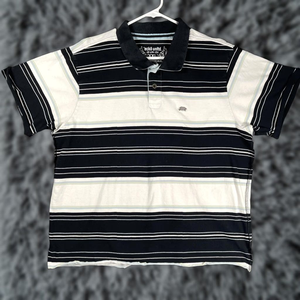 Ecko Unltd. Ecko Unltd Polo Shirt Mens 2XL Blue White Striped Rhino Logo Cotton Short Sleeve Size US XXL / EU 58 / 5 - 1 Thumbnail