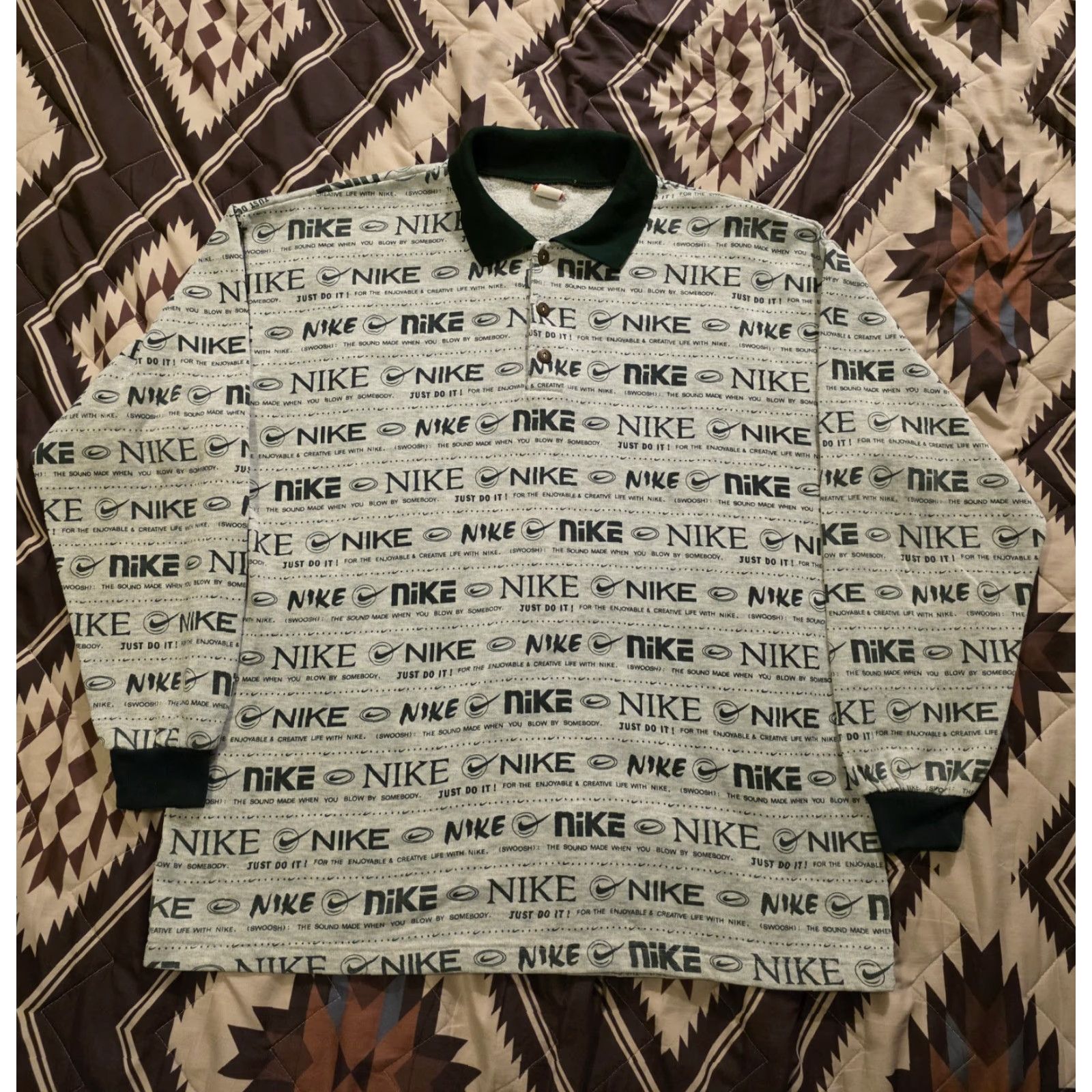 Nike VINTAGE Nike Collared Fleece Pullover Rugby AOP All Over Print Mens OSFA XL Gray Nike Logo Graphic Print 80s Hip Hop Rare Sweatshirt Size US XL / EU 56 / 4 - 2 Thumbnail