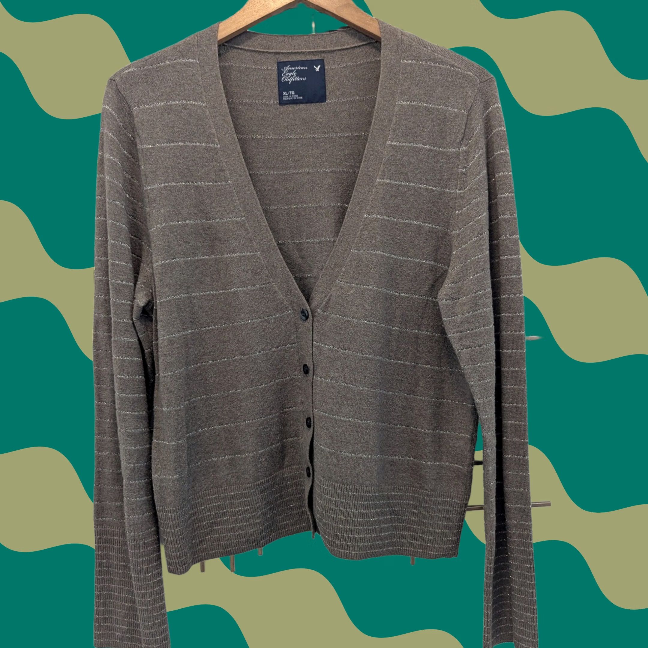 American Eagle Outfitters American Eagle Women's XL Cardigan Sweater Grey Metallic Stripe V Neck Y2K Size XL / US 12-14 / IT 48-50 - 1 Thumbnail