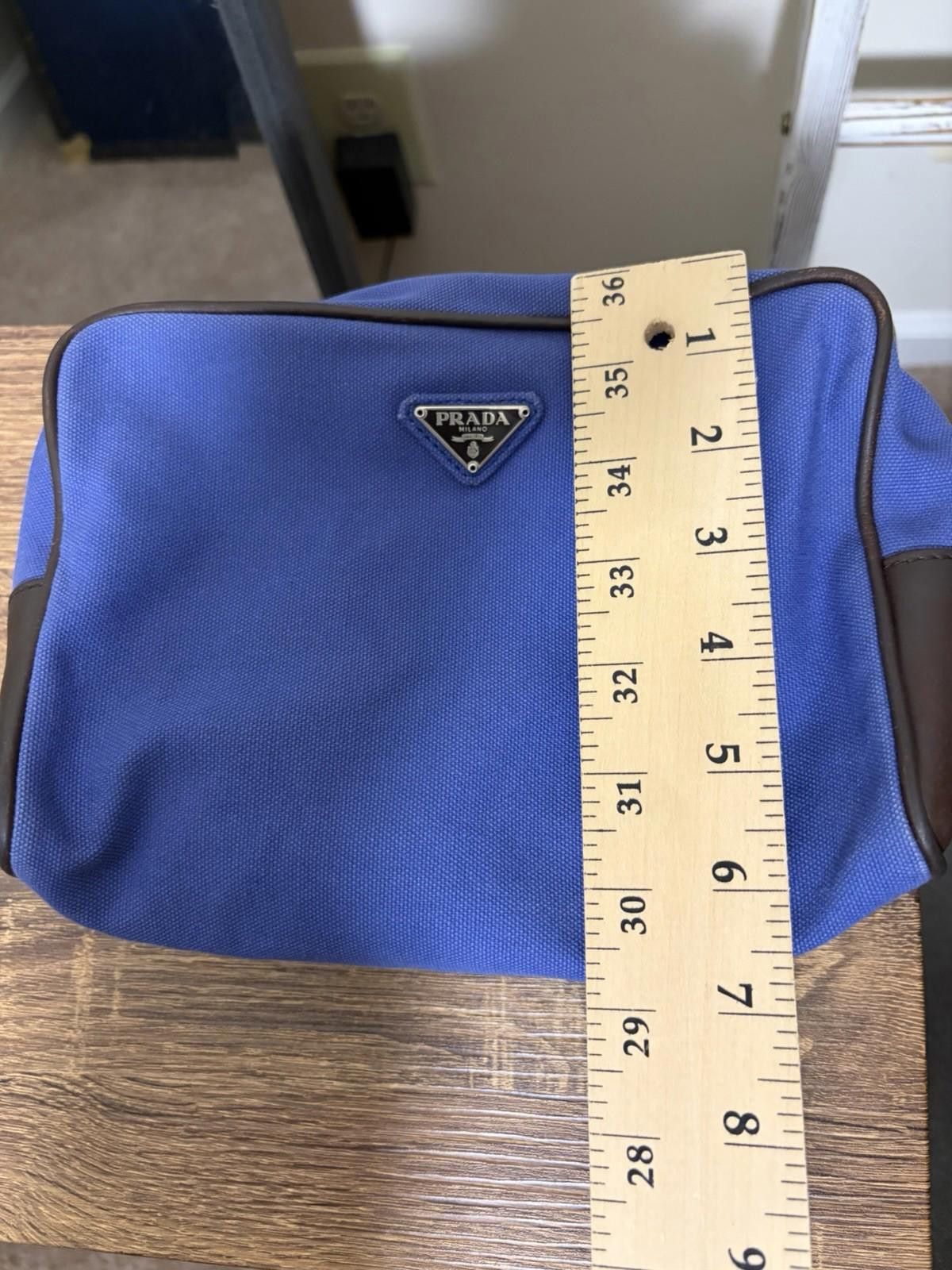Prada Prada Blue Canvas Brown Leather Logo-Lined Clutch Pouch Bag Size ONE SIZE - 10 Thumbnail