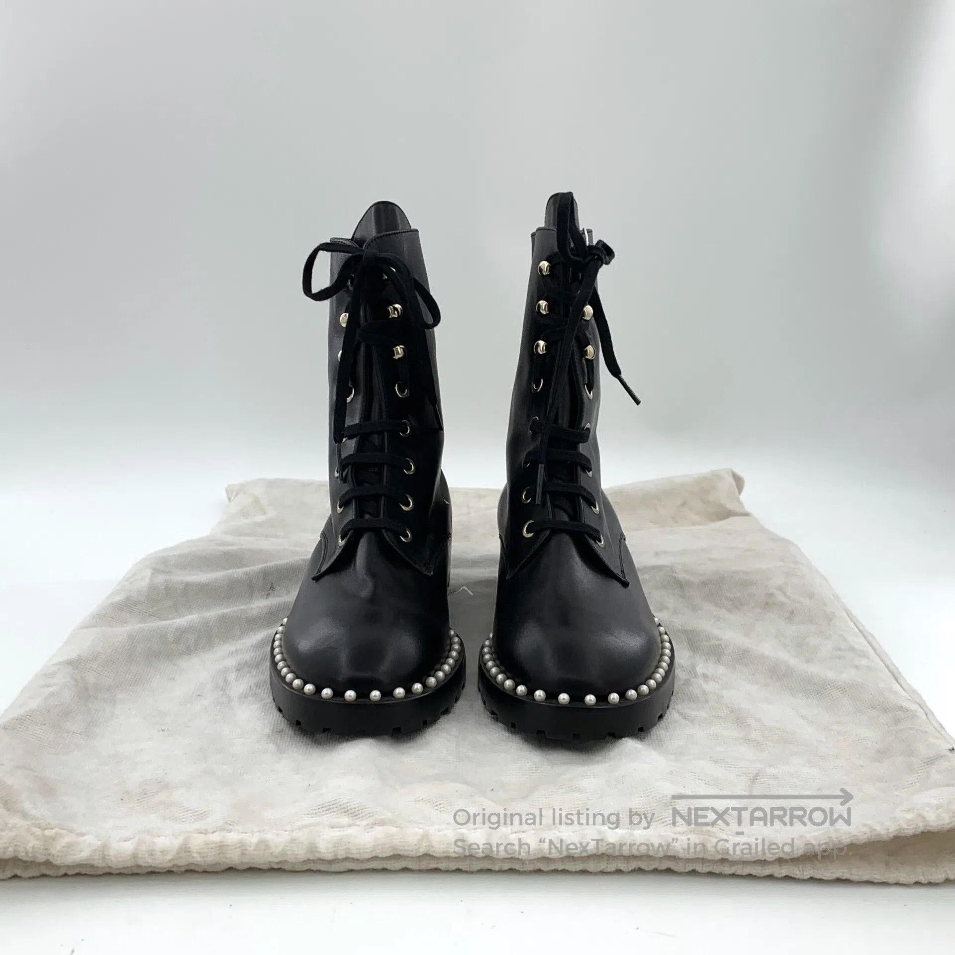 Swarovski SW Black Pearl Trimmed Laced Casual Flat Ankle Boots| Size US 5 / EU 37 - 8 Thumbnail
