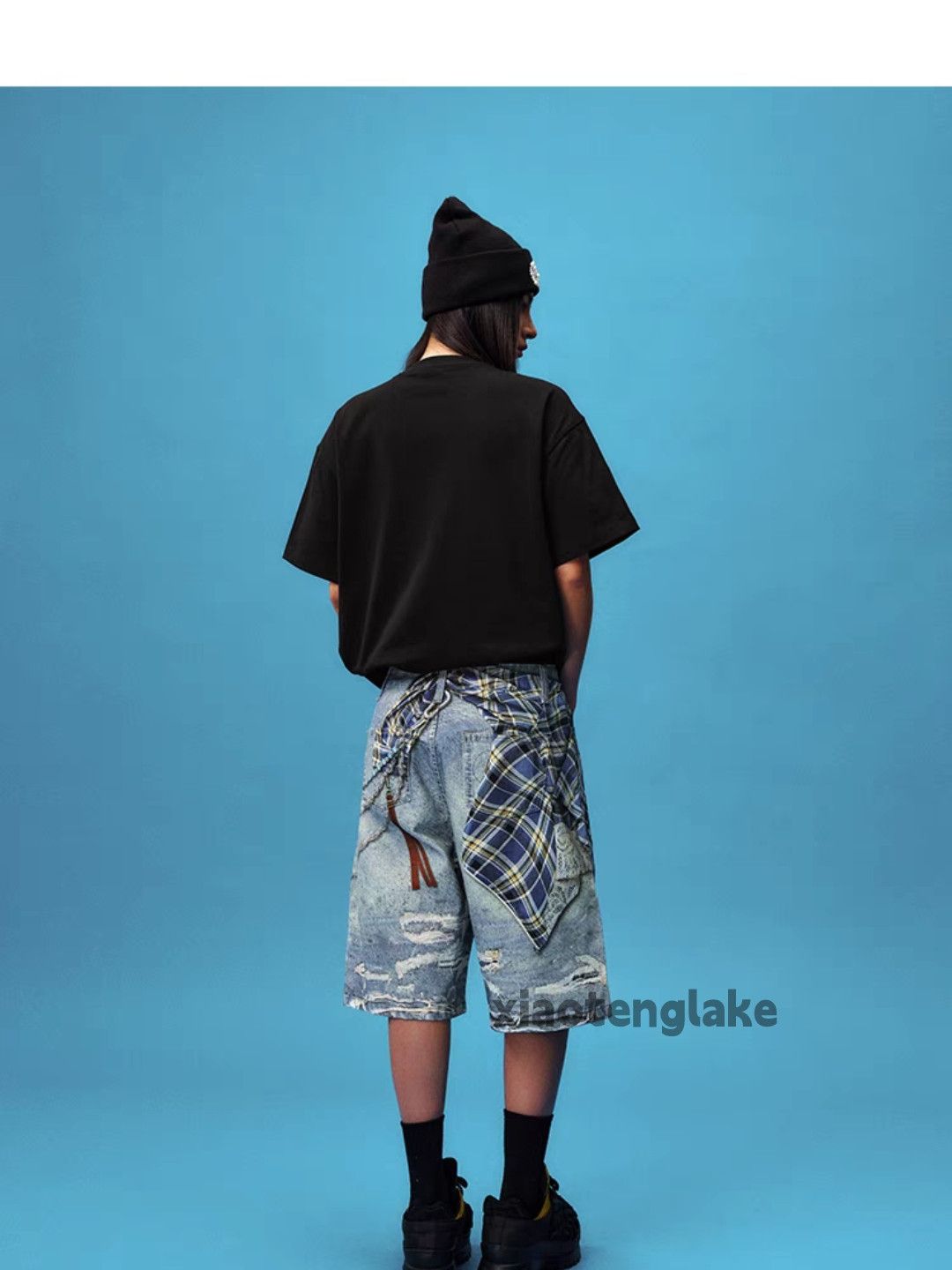 Jean Unisex washed faded loose baggy print dance shorts Size US 30 / EU 46 - 5 Thumbnail