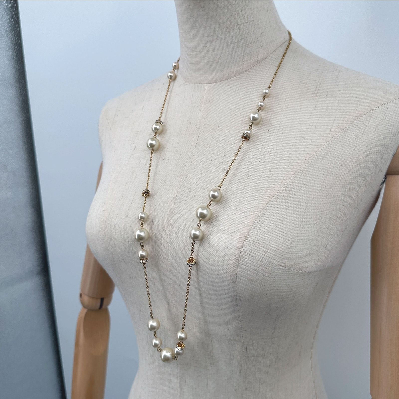 J.Crew J Crew Long Necklace Simulated Pearl Rhinestone Stations Size ONE SIZE - 4 Thumbnail
