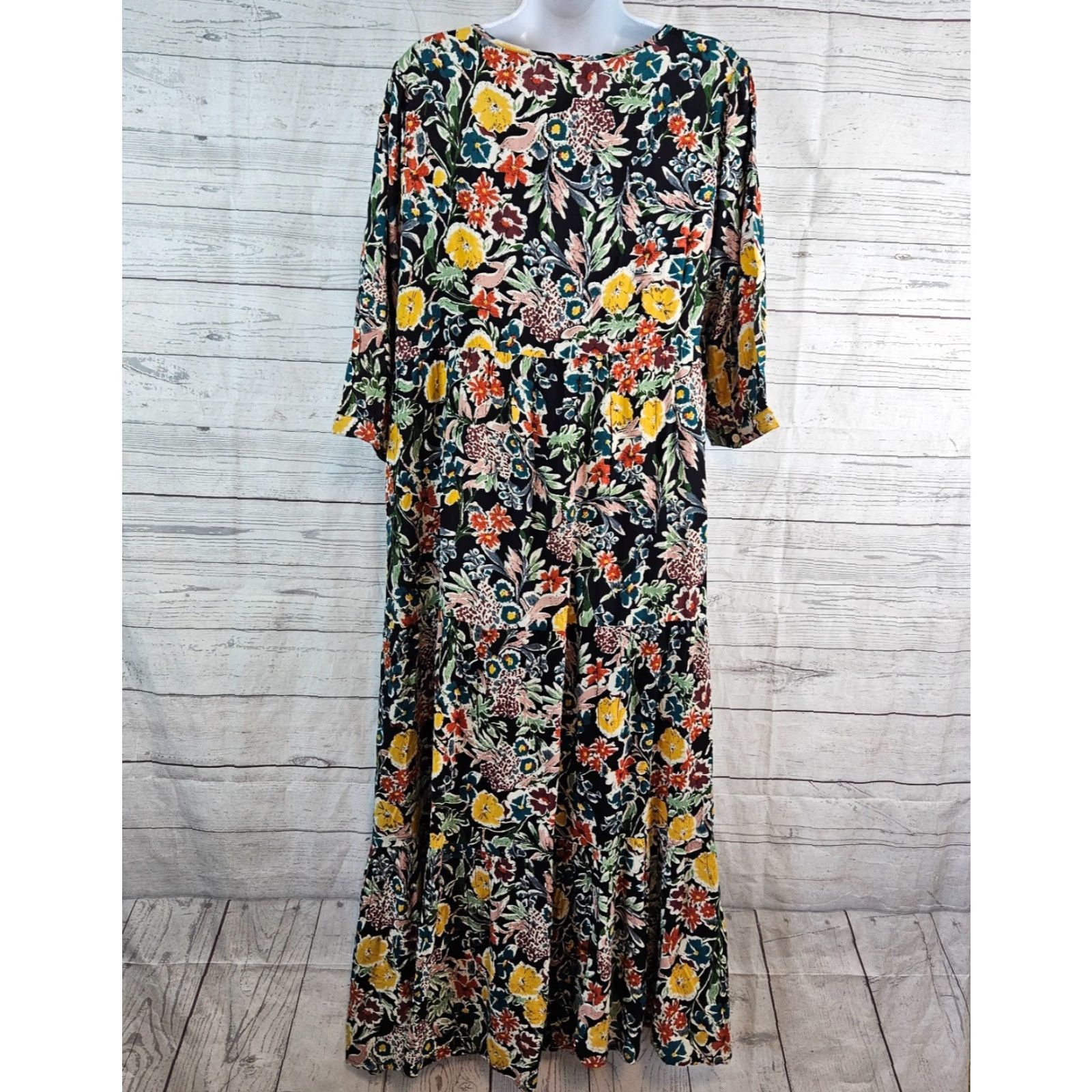Vintage Natural Life Womens Maxi Dress Size Medium Black Floral 3/4 Sleeve Rayon Long Summer Spring Womens Size M / US 6-8 / IT 42-44 - 3 Thumbnail