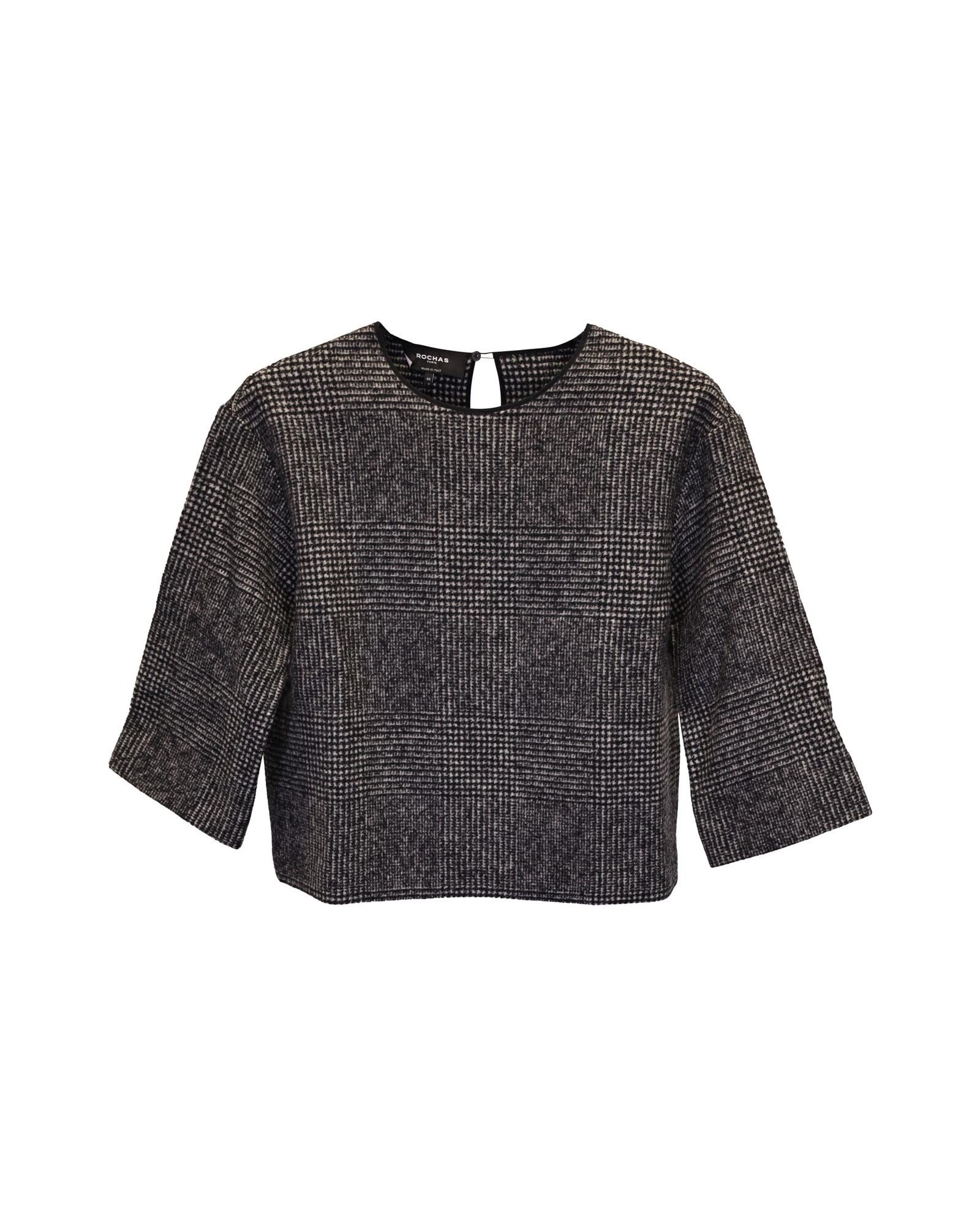 image of Rochas Plaid Wool Cropped Blouse With Elbow-Length Sleeves in Black Print, Women's (Size Small)