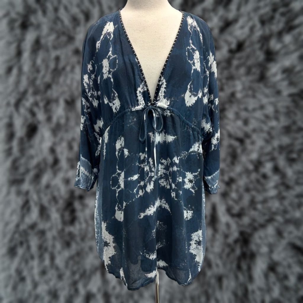 Zara ZARA Tie Dye Kaftan Dress Women Size Large Blue Short Tie Front V-Neck Size 36" / US 14 / IT 50 - 1 Thumbnail