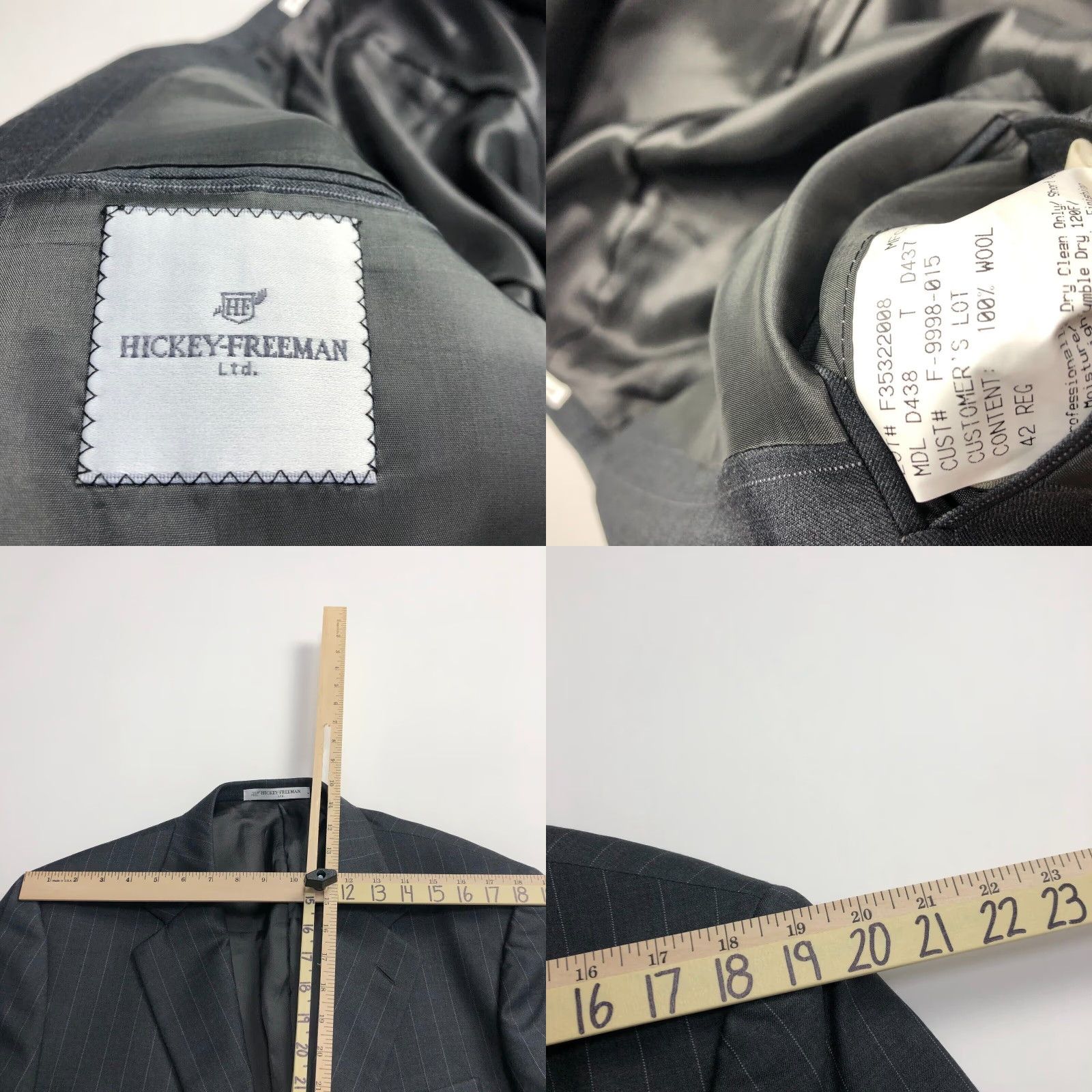 Vintage Hickey Freeman Suit Coat Jacket 42R REG Men 100% Striped Wool Dark Gray Notch Lapel Four-Button Single-Breasted Size 42R - 8 Thumbnail