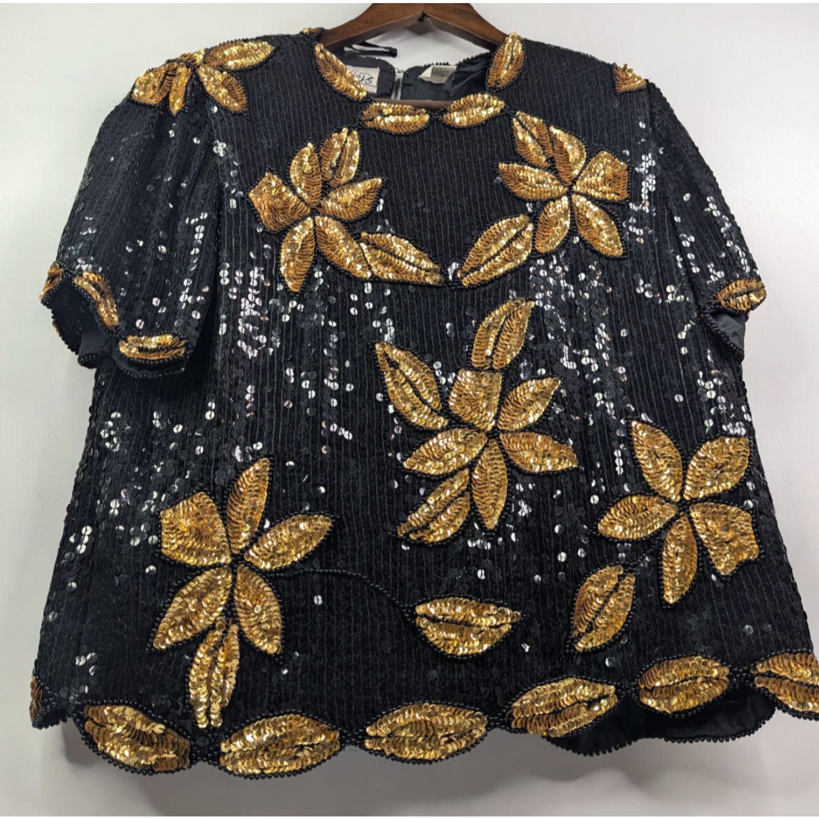 VINTAGE Stenay Blouse Silk Gold Floral Beaded Sequined Short Sleeve  Pullover Women Small Glam