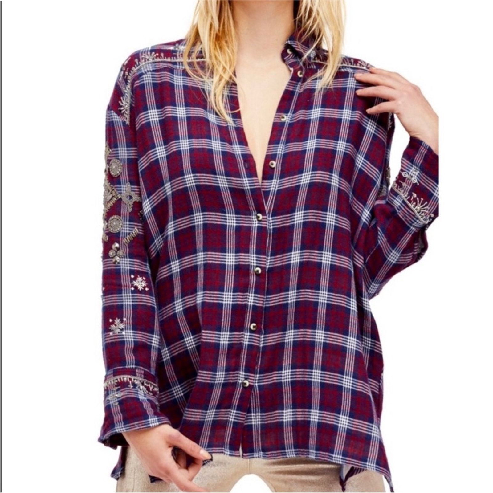 Free People FREE PEOPLE Sequin Bead Oversized Red Flannel Plaid Shirt Size XS / US 0-2 / IT 36-38 - 16 Thumbnail