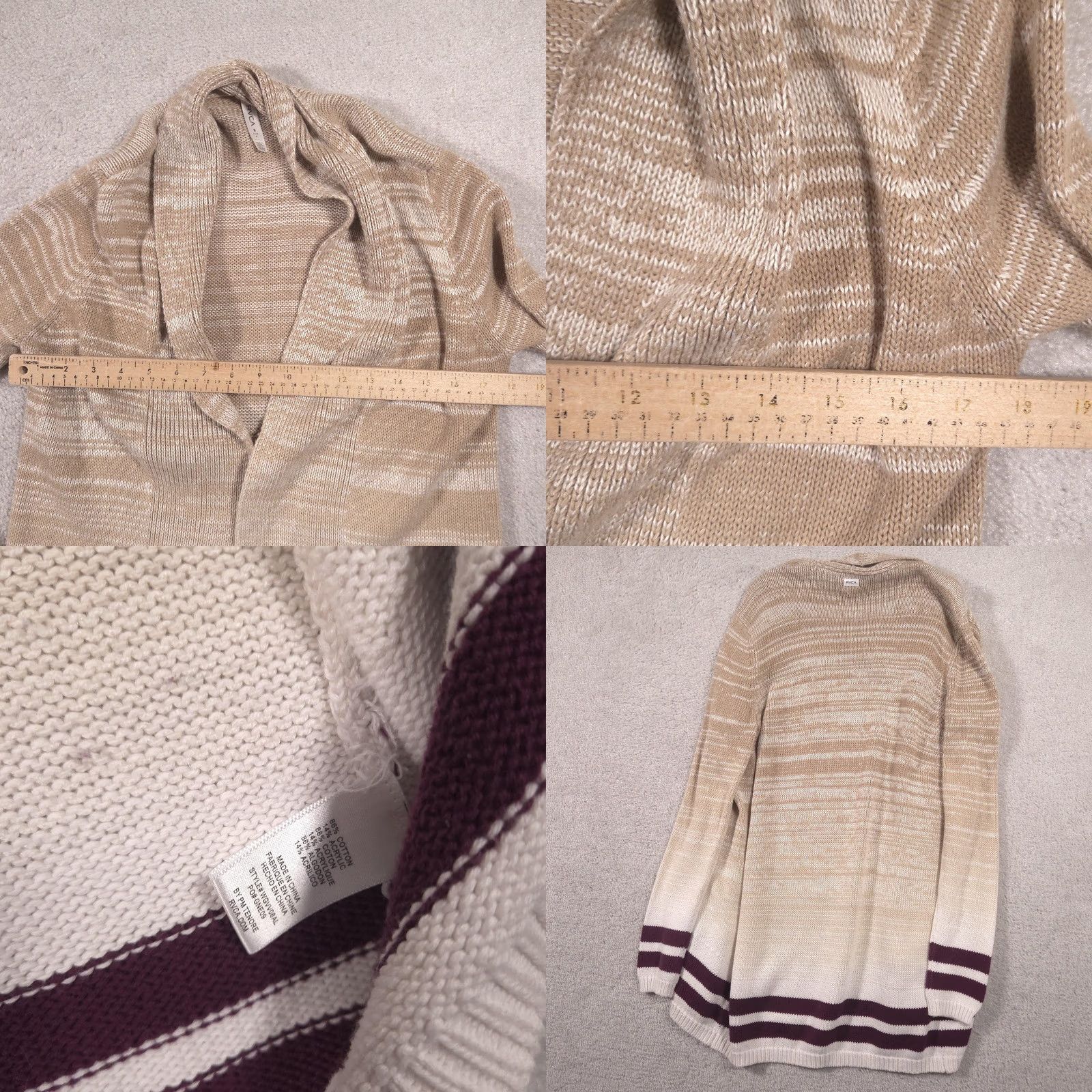 RVCA RVCA Cardigan Sweater Womens S Beige Cotton Acrylic Open Longline Knit Stripe V-Neck Casual Fall Ladies Size S / US 4 / IT 40 - 8 Thumbnail