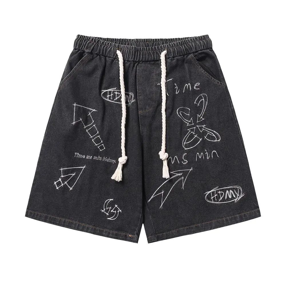 image of Vintage Graffiti Embroidered Denim Shorts in Black, Men's (Size 32)