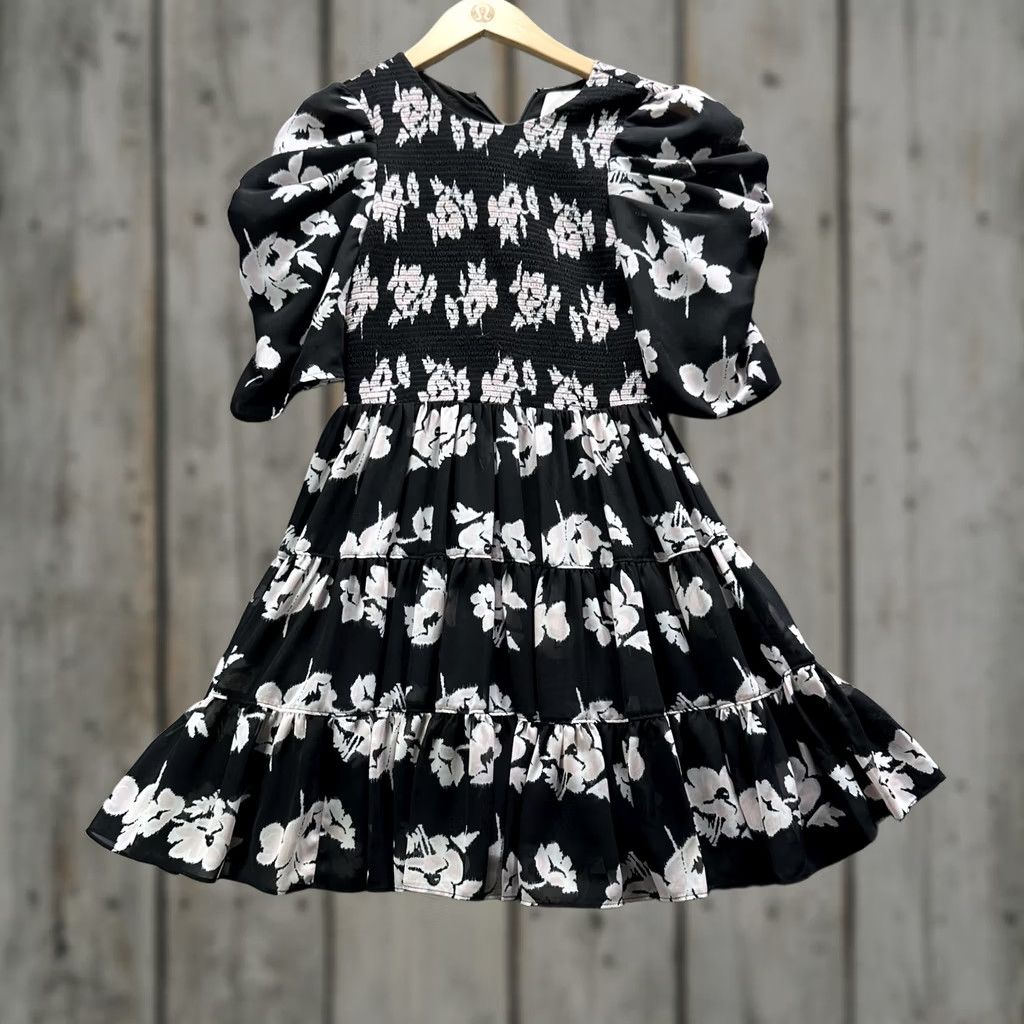 Cinq a Sept Cinq a Sept Dress Womens 0 Black Floral Puff Sleeve Smocked Tiered Ruffle Mini Size XS / US 0-2 / IT 36-38 - 1 Thumbnail