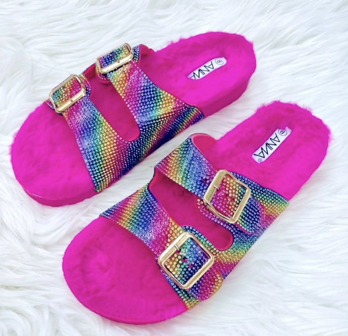 Other NIB PINK FUR RHINESTONE DOUBLE BUCKLE SANDALS SZ 9 Size US 9 / IT 39 - 3 Thumbnail
