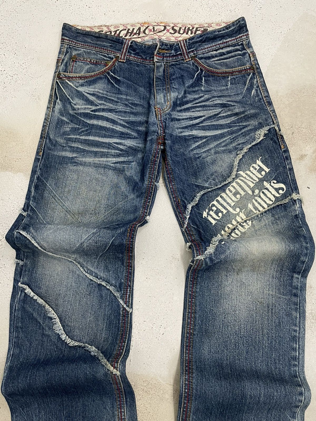 Japanese Brand Vintage 90’s Sur Wear Gotcha Famous Remember Our Roots Denim Size US 33 - 5 Thumbnail