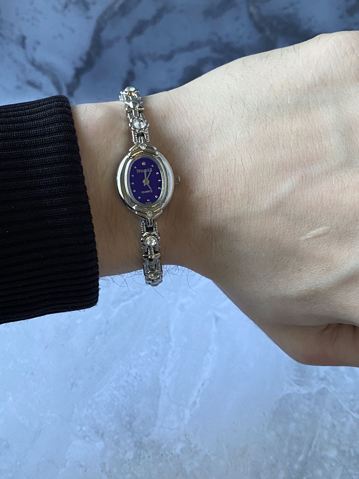 Jewelry × Vintage Swiss Gold Watch with Purple Dial & Crystals Size ONE SIZE - 8 Thumbnail