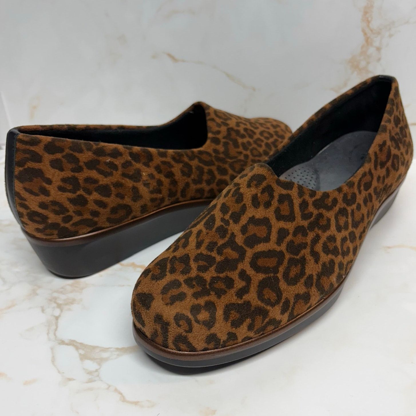 Sas Bliss Tan Leopard Slip On Comfort Wedge Shoes in Brown, Women's (Size 11.5)