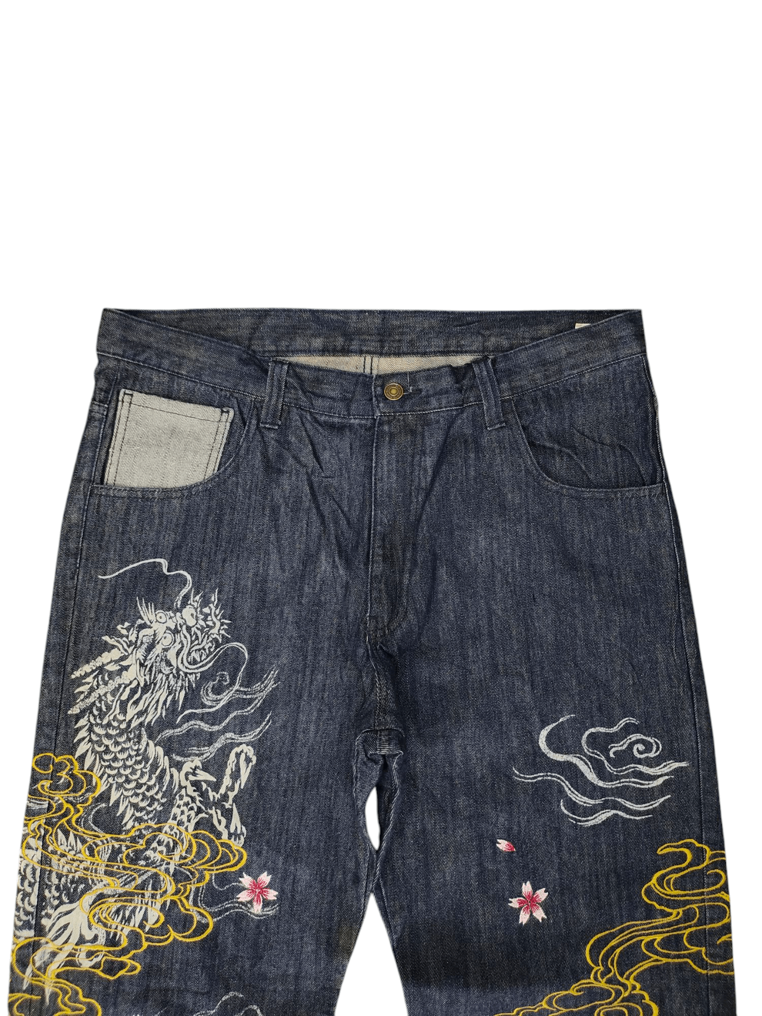Karakuri Tamashii Vintage Vomanie Japan Dragon Sakura Embroidered Denim Jeans Size US 38 / EU 54 - 2 Thumbnail