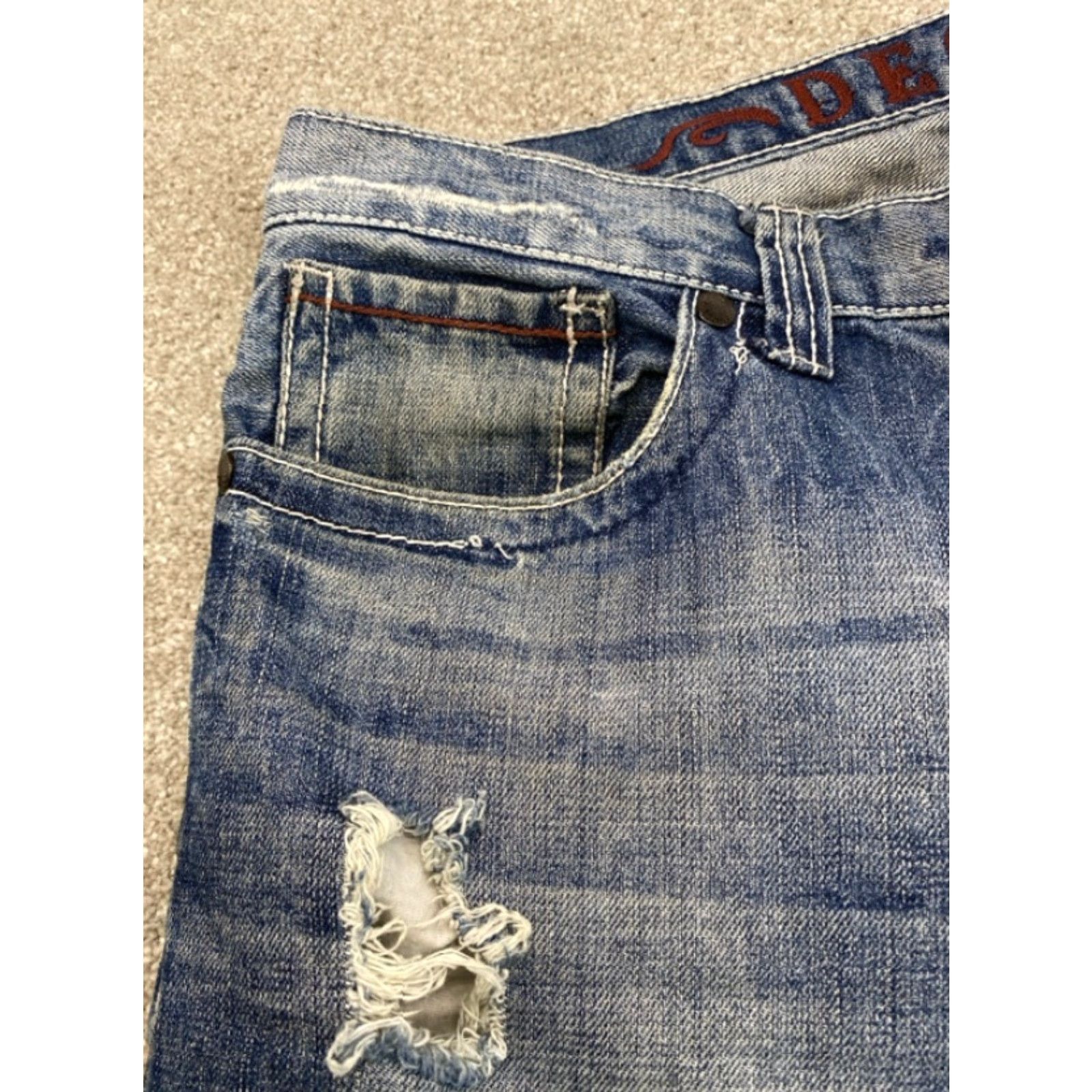 Decree VINTAGE Decree Jeans Mens 34x32 Bootcut Distressed Embroidered Back Pockets 5-Pocket Design Slim Straight 34 Blue Cotton Denim Jeans Mens Size US 34 / EU 50 - 6 Thumbnail