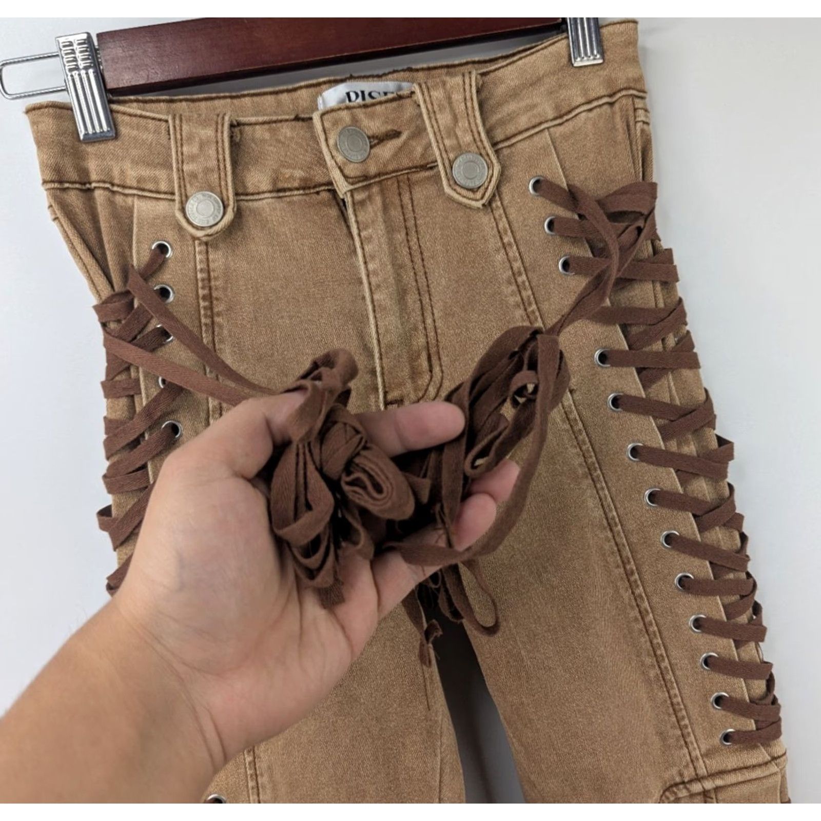 Vintage Rise Supply Co. Full Lace-up Expandable Sides Pants Y2K Western Hippie Khaki Tan 1 Denim Cotton Lyocell Polyester Teens Mens Womens Boys Girls Size 25" / US 0 / IT 36 - 3 Thumbnail