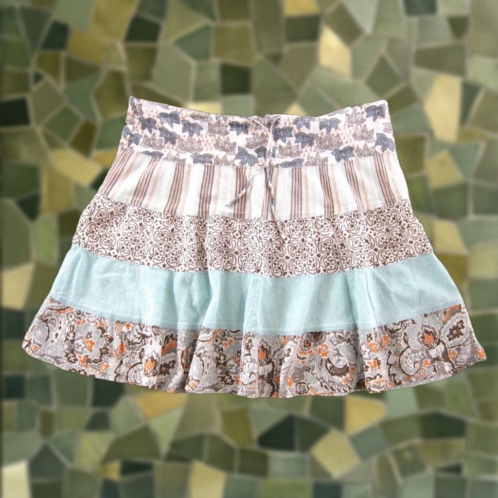 Vintage Columbia 100% Cotton Blue Brown Floral Paisley Drawstring A-Line Skirt Medium (Women) Knee Length Size 32" / US 10 / IT 46 - 1 Thumbnail