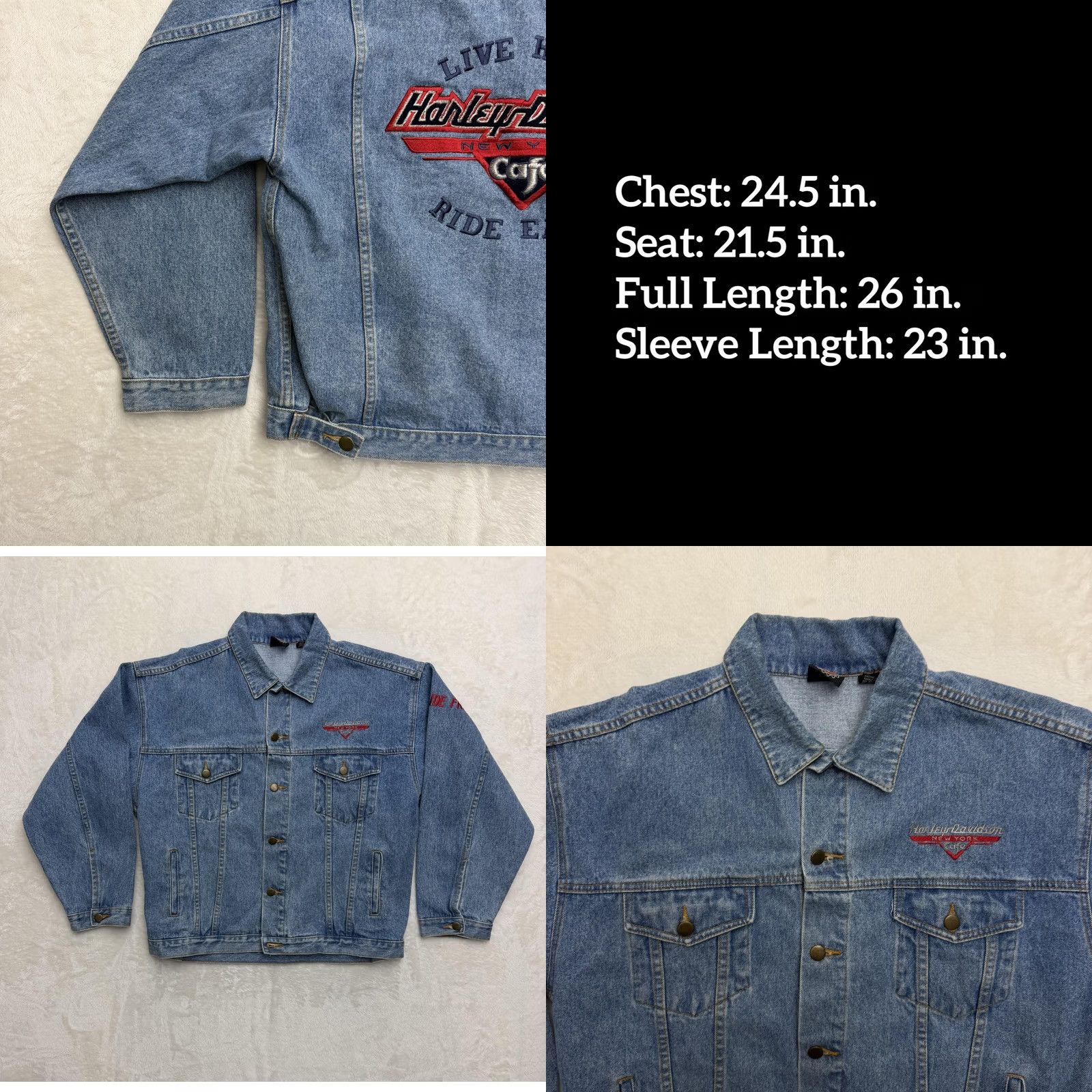 Harley Davidson VINTAGE Harley-Davidson NY Jacket Mens Large Blue Denim Cafe Embroidered 90s Regular Lightweight Casual Size US L / EU 52-54 / 3 - 8 Thumbnail