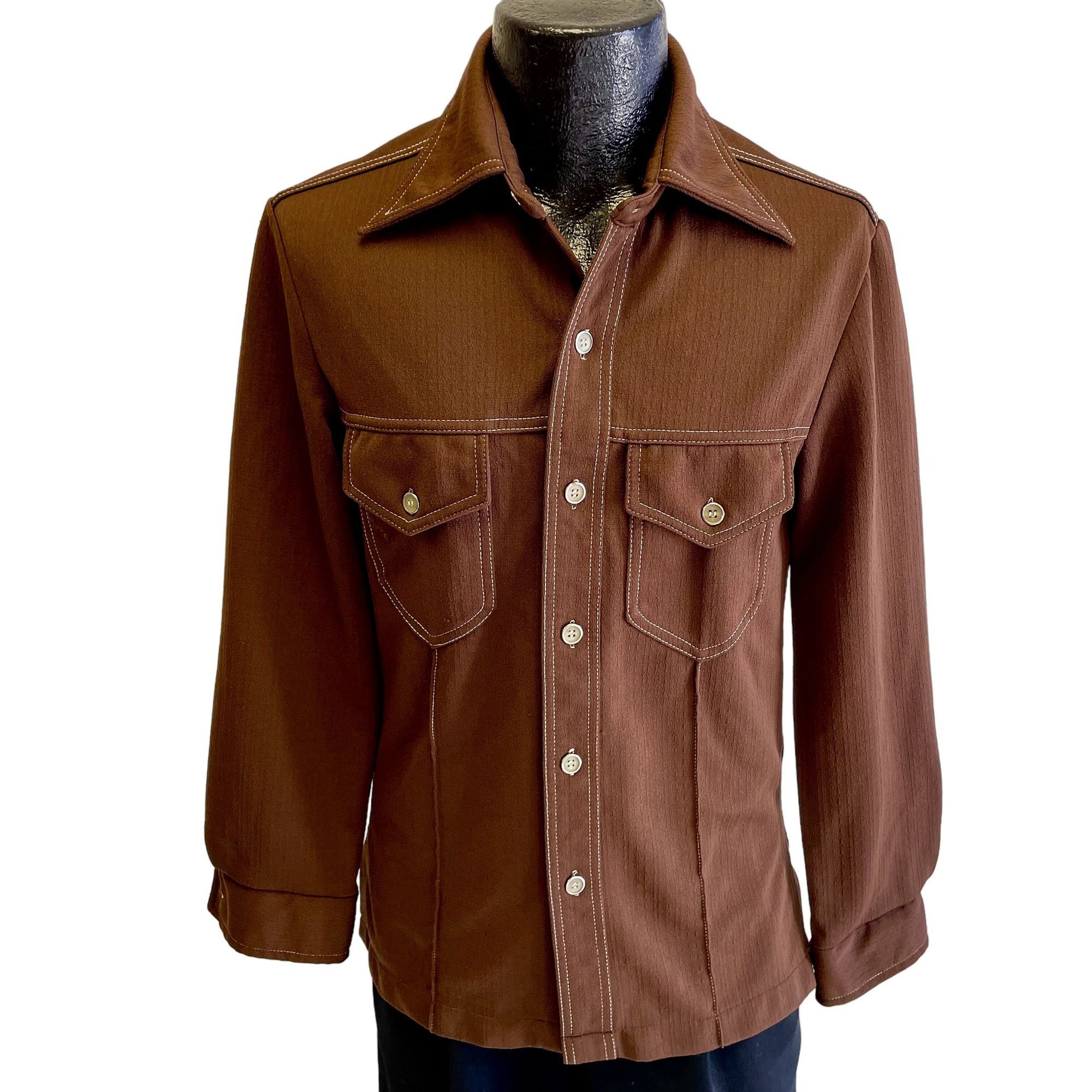 image of Unkwn 70’S Mod Textured Butterfly Collar Disco Leisure Shirt S in Brown, Men's (Size Small)