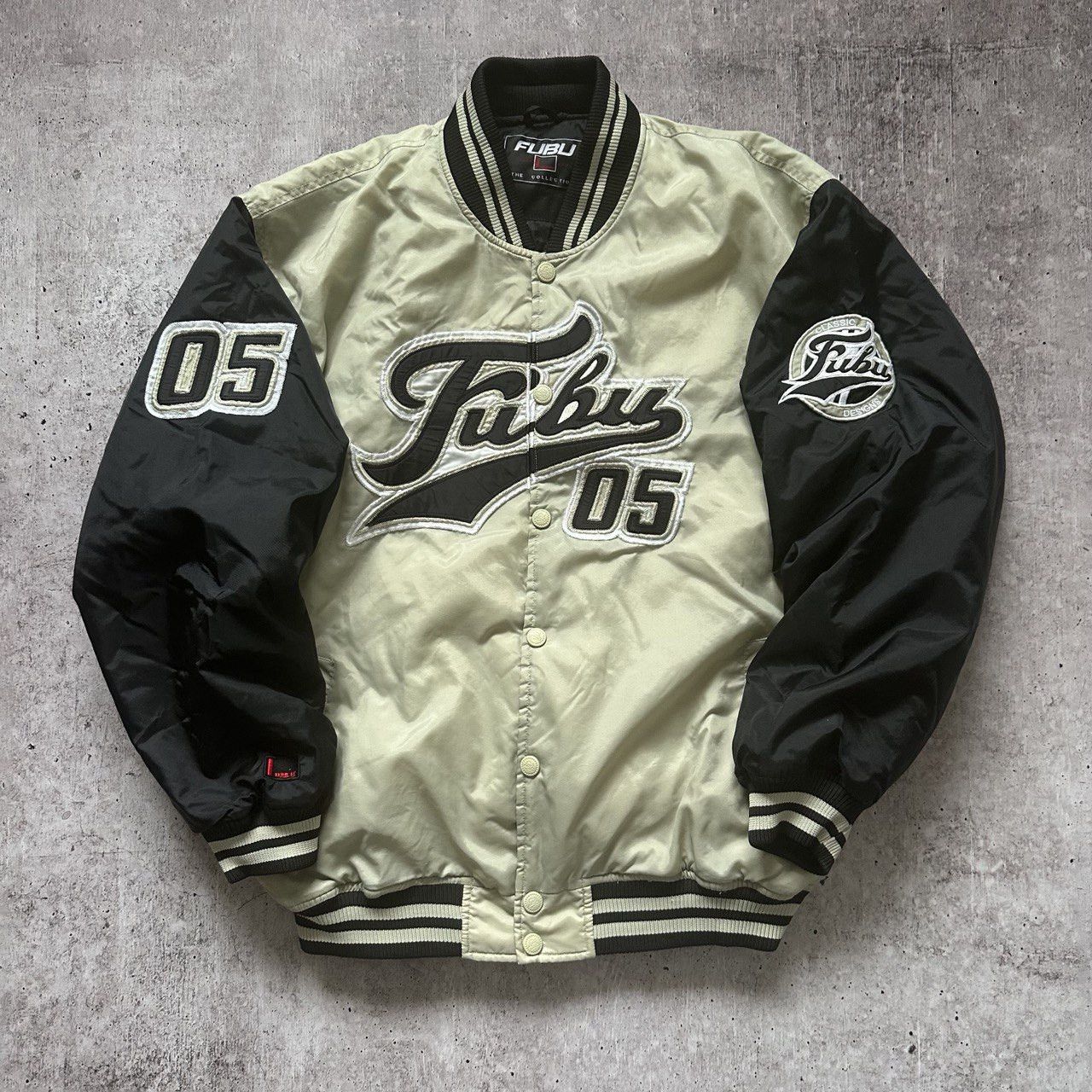 image of Fubu 05 Vintage Nylon Puffer Varsity Bomber Y2K Jacket in White/Black, Men's (Size Large)