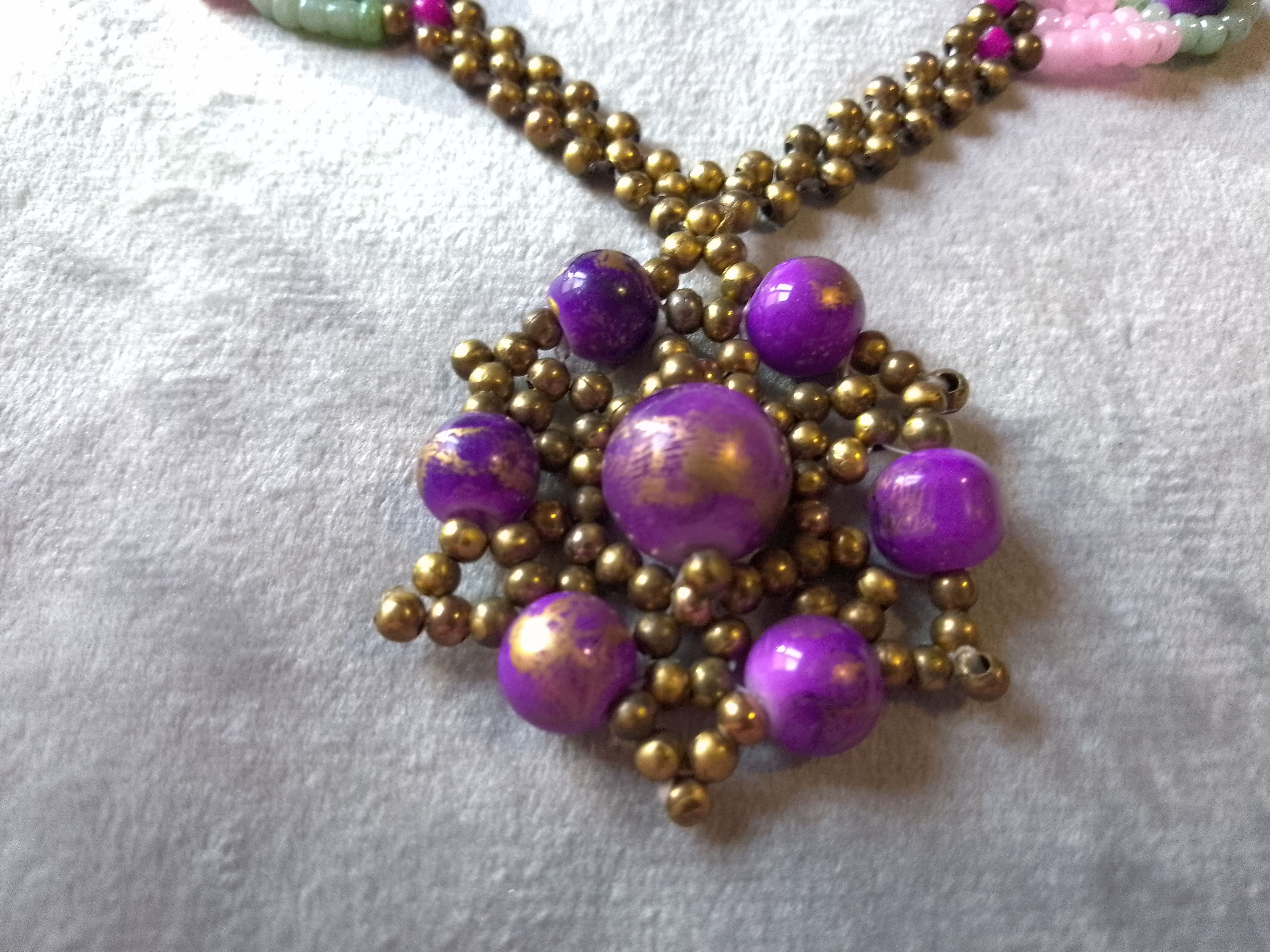 Handmade Necklace. Vintage, antique brass purple pearls. Earrings Size ONE SIZE - 6 Thumbnail