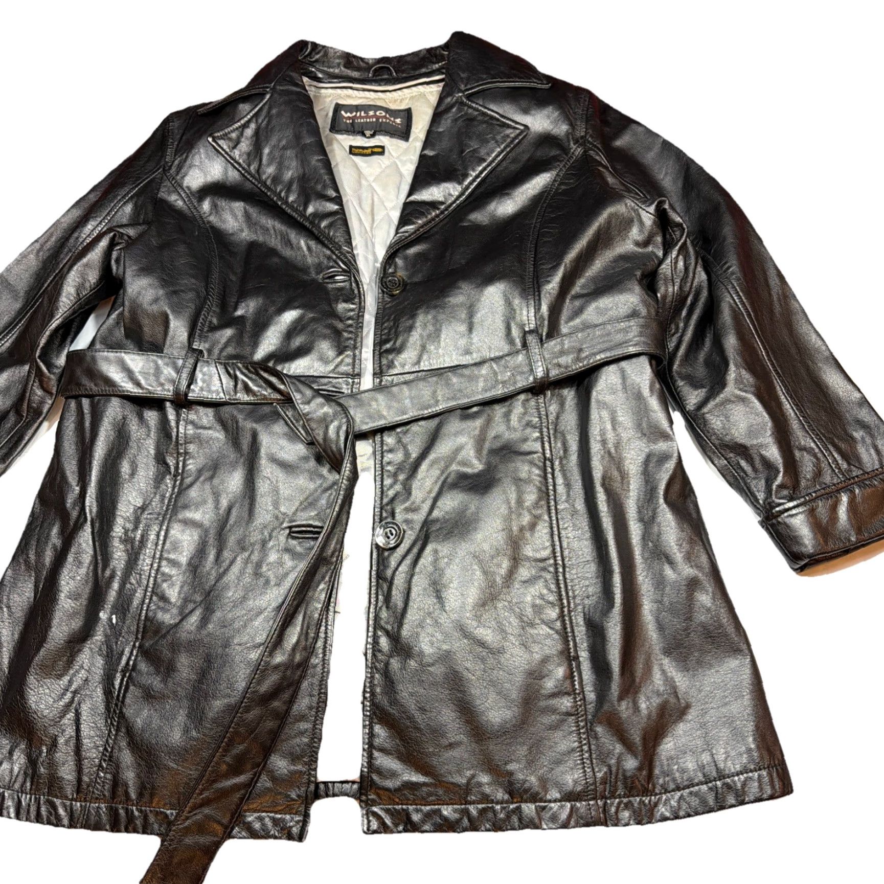 Wilson VINTAGE Wilson Leather Trench Coat Women XL Button Front Belted Pockets Thinsulate Lining 90s Classic Motorcycle, Black, Jacket Size XL / US 12-14 / IT 48-50 - 2 Thumbnail