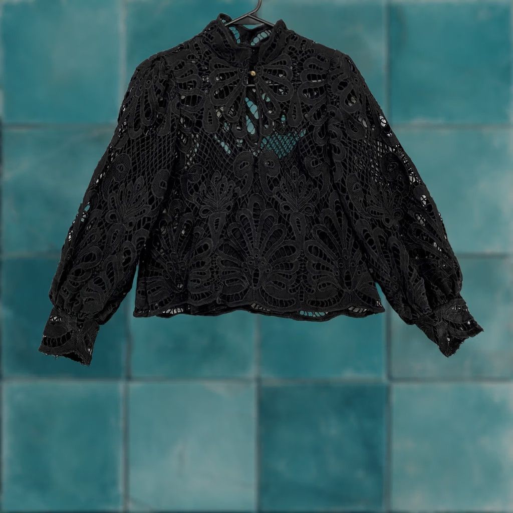 Anthropologie Anthropologie Blouse Womens XS Black Lace Crochet Eyelet High Neck Balloon Sleeve Victorian Boho Romantic Dark Victorian Top Shirt Size XS / US 0-2 / IT 36-38 - 1 Thumbnail