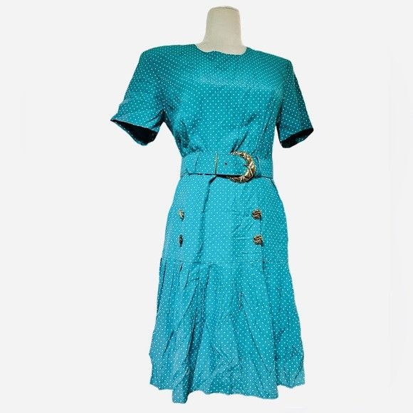 Vintage Vintage 90’s Teal Polka Dot Belted Dress “Blondie and Me” NW Size M / US 6-8 / IT 42-44 - 2 Thumbnail