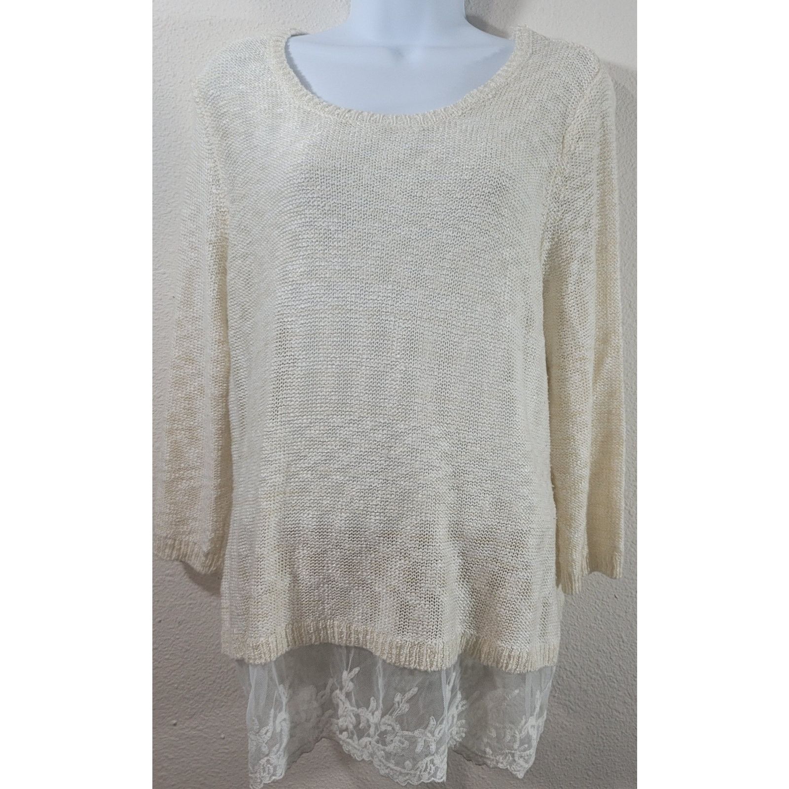 Other Dressbarn Cream Loose Knit Layered Lace Hem Top 1X Plus Size XL / US 12-14 / IT 48-50 - 1 Thumbnail