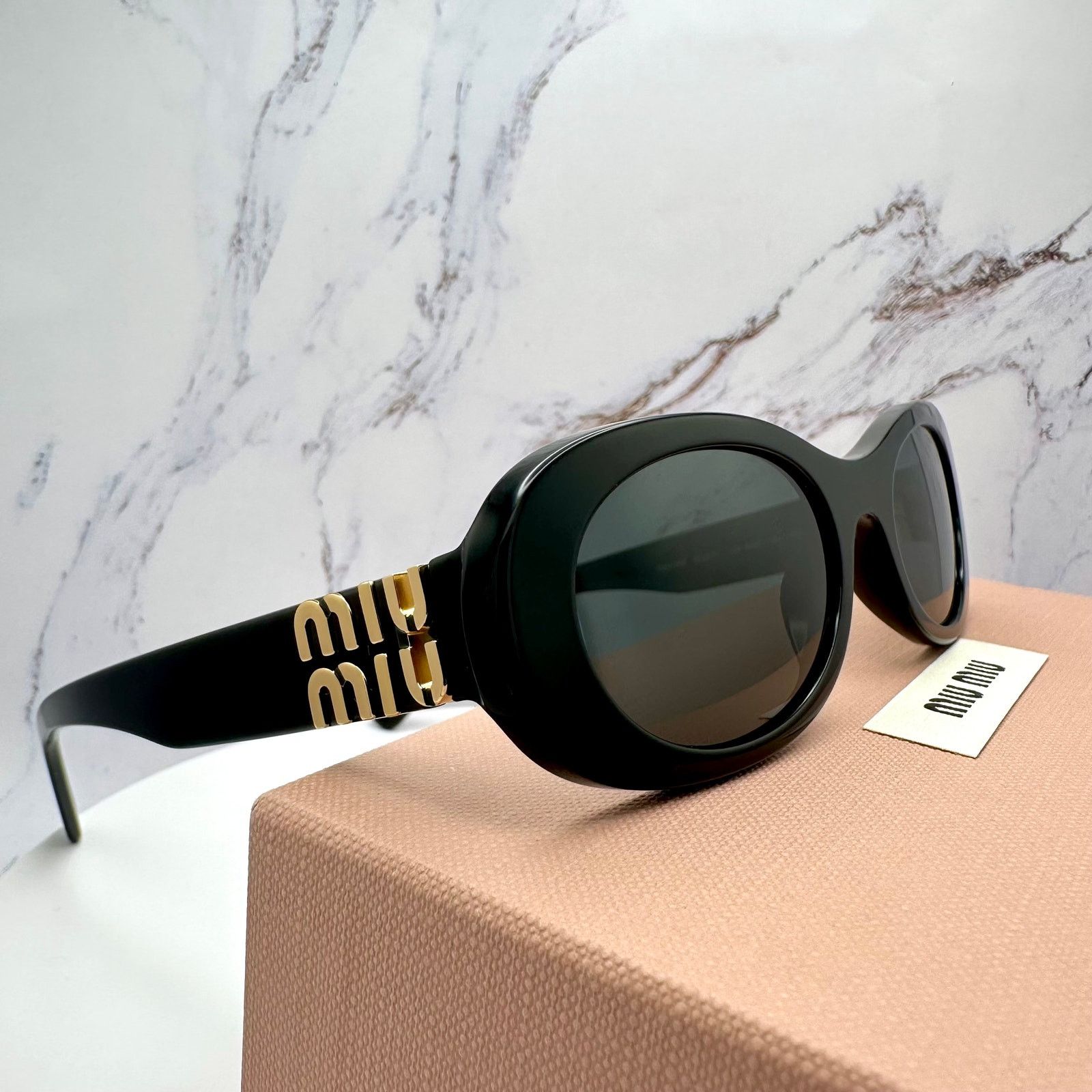 Miu Miu New MIU MIU Sunglasses Black Oval Gold Metal Logo Authentic Size ONE SIZE - 9 Thumbnail
