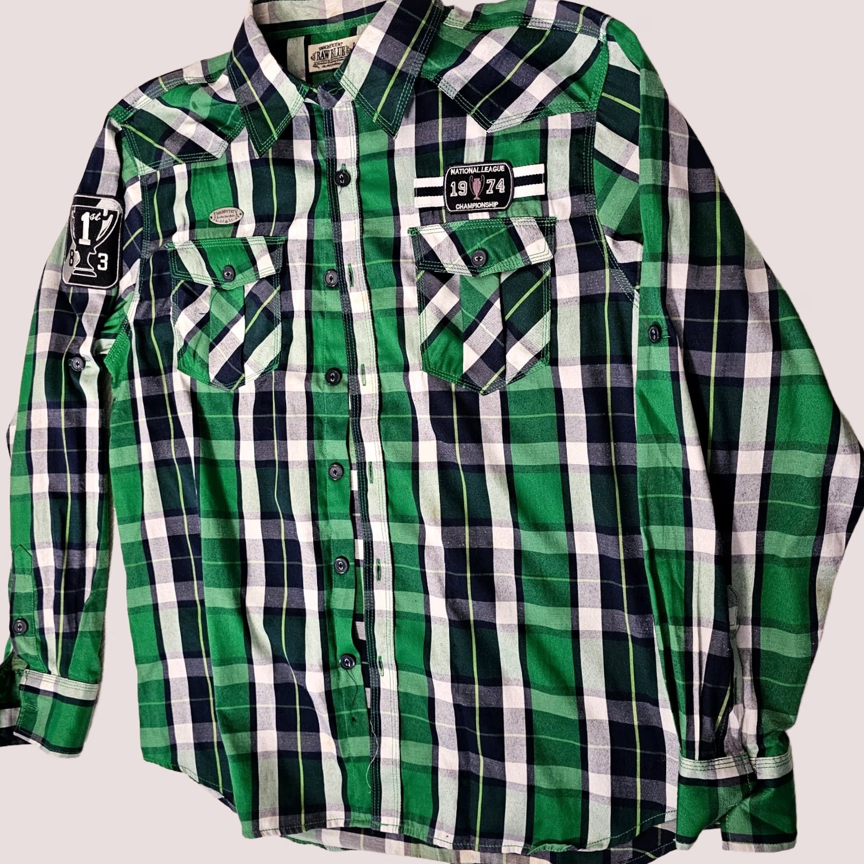 Vintage Raw Blue Mens Button-Up Shirt Plaid Green Long Sleeve Size L Regular Collar-Down Vintage No (Note: Vintage: No) Size US L / EU 52-54 / 3 - 1 Thumbnail
