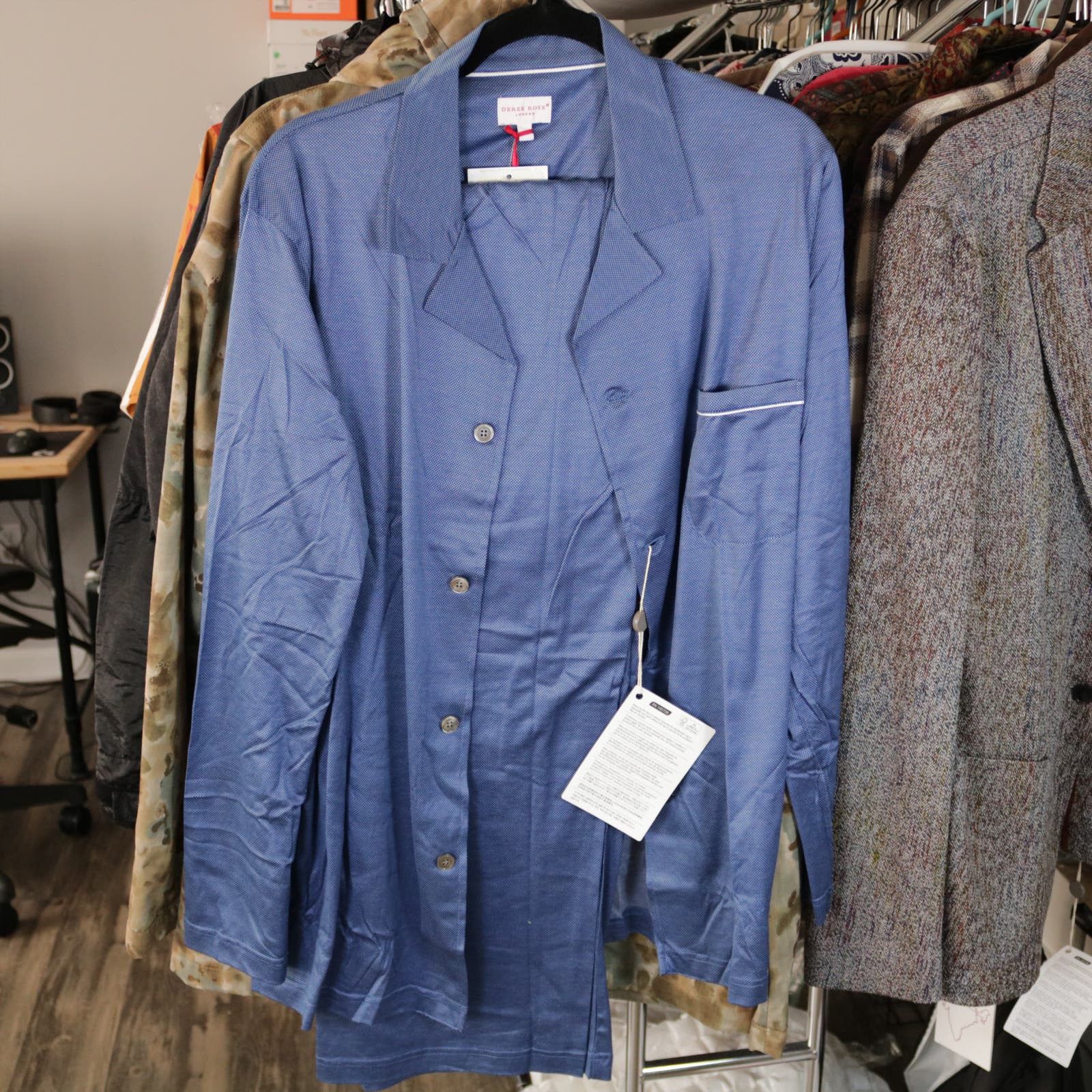 image of Derek Rose Pickstitch Dot Pajama Set Shirt Pants Medium New in Blue, Men's