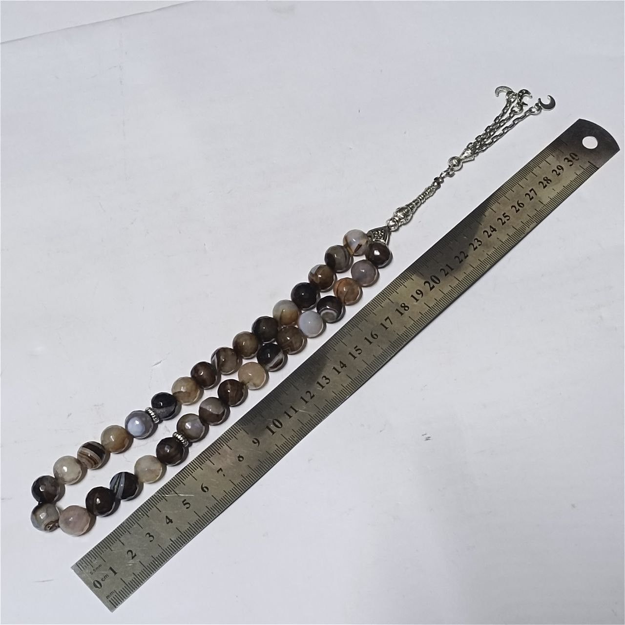 33 agate stone prayer beads silver crescent charms tassel