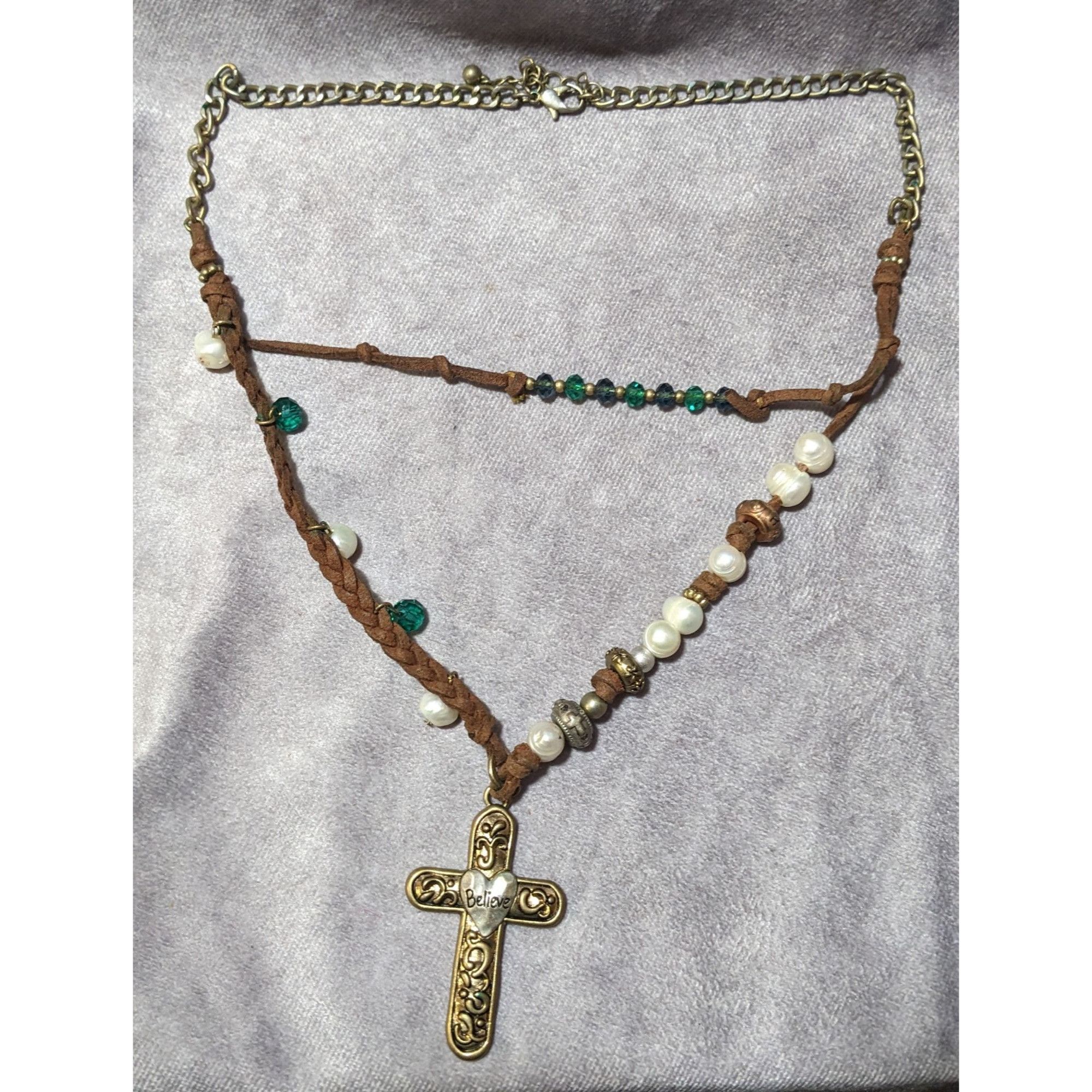 Other Rustic Suede Pearl Beaded Embossed Cross Pendant Necklace Size ONE SIZE - 7 Thumbnail