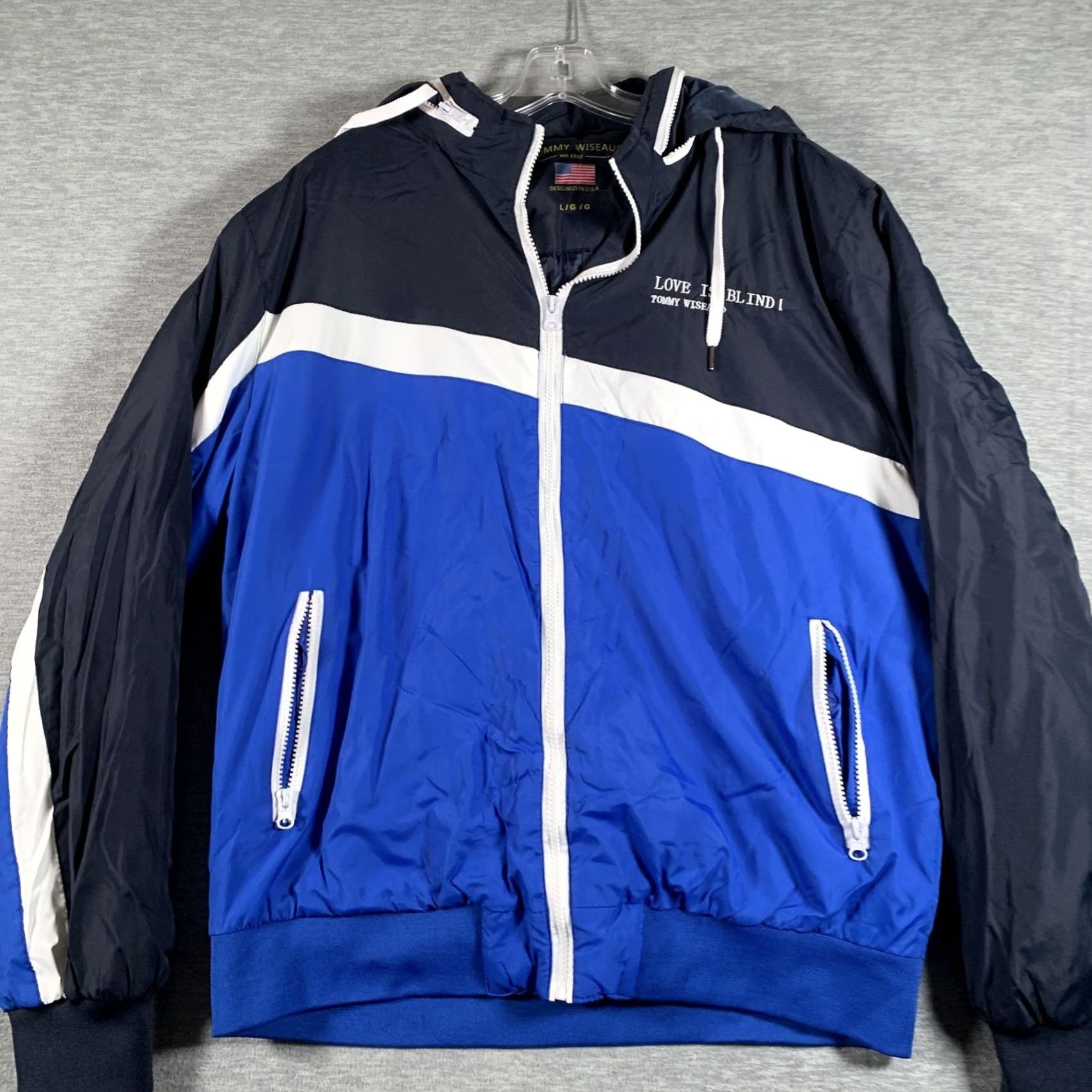 Vintage Tommy Wiseau Jacket Mens Large Blue Striped Hooded Windbreaker Love Is Blind Size US L / EU 52-54 / 3 - 2 Thumbnail