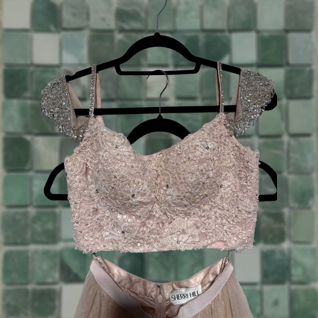 Vintage Sherri Hill 2 Pc Lace Floral Beaded Strap Top & Tulle Skirt Size 2 Prom Dress Pink Womens Ball Gown Sleeveless Off the Shoulder Formal Dry Clean Only Size XS / US 0-2 / IT 36-38 - 1 Thumbnail