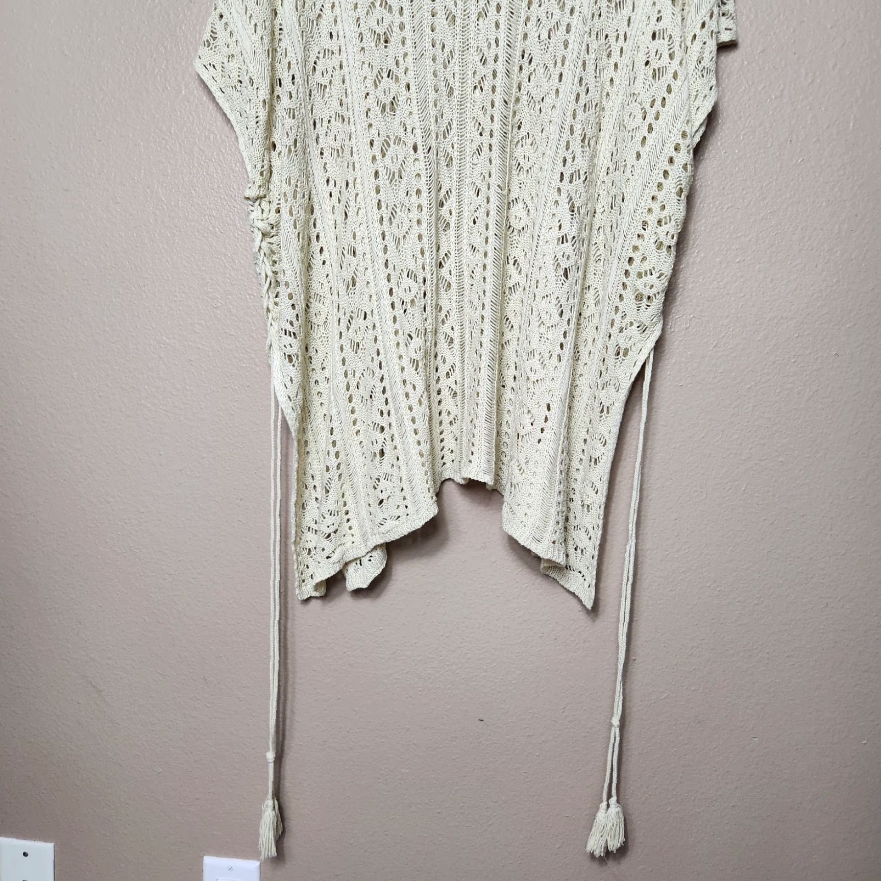Vintage Womens Ivory Crochet Side Tie Open Knit Boho Cover Up | M | Blouse Tunic Beach Bohemian Travel Casual Womens Size M / US 6-8 / IT 42-44 - 2 Thumbnail