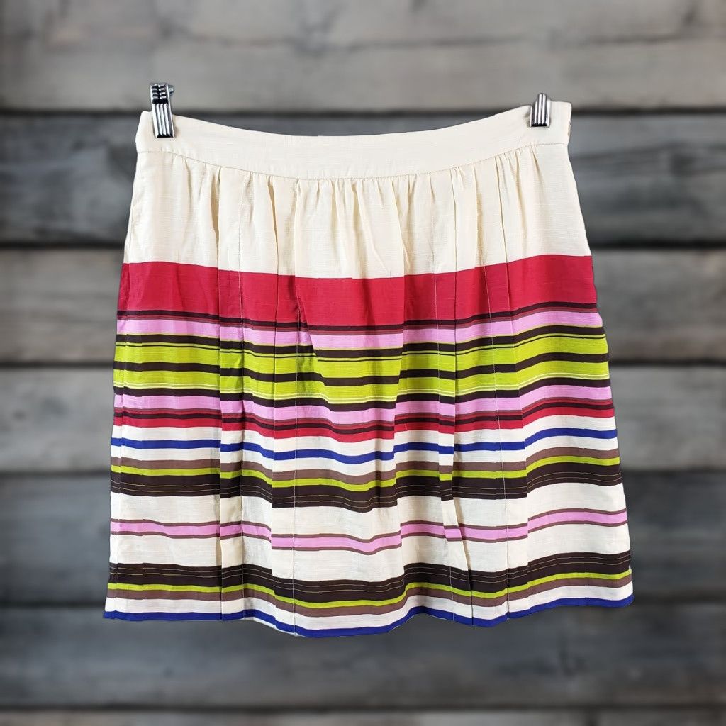 Loft Ann Taylor LOFT Skirt 10P Petite Womens Short A-Line Striped Rayon Zip Cream Red Multicolor Satin? Size 32" / US 10 / IT 46 - 1 Thumbnail