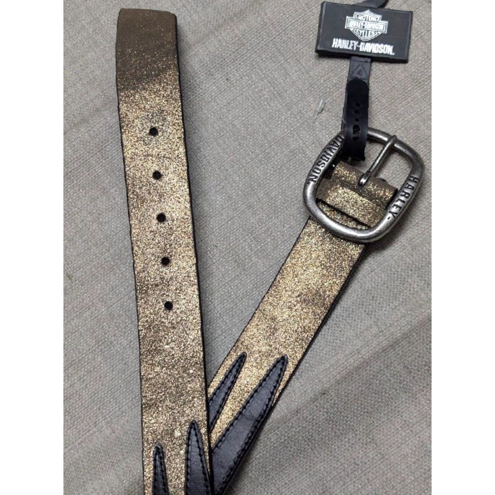 Harley Davidson VINTAGE Harley-Davidson leather belt 34 black gold TANK GIRL belt Unisex Adults Leather Belt Pattern Spellout 34 Men Women Size 34 - 3 Thumbnail